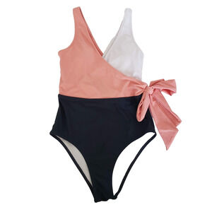 NEW!! CUPSHE SIZE S Pink Navy Blue Color Block Wrap Tie One Piece Swimsuit